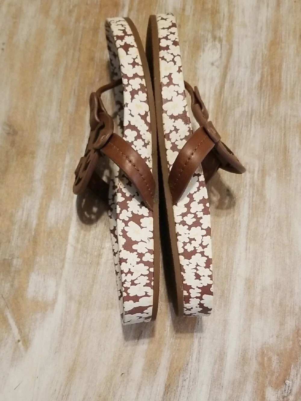 Tory Burch Brown Leather Miller Flip Sandals with Cream Floral Insole